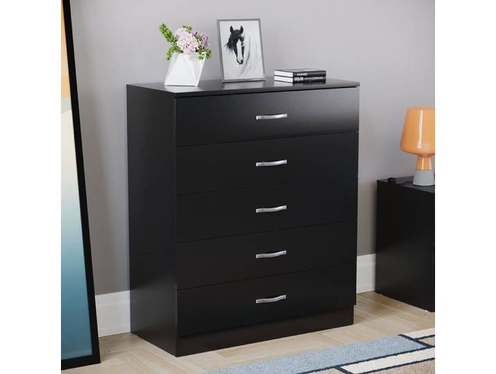 Commode noire Riano avec 5 tiroirs poignées et glissières en métal – Meuble de chambre à coucher