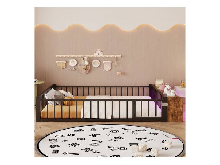 STILVORA Kinderbett 140x200 mit Schutzgeländer Flachbett Metallbett ohne Matratze (Eisen, mit Stauraumfach und Schutzgeländer), LED-Beleuchtung, stabiler Ganzmetallrahmen, offenes Staufach