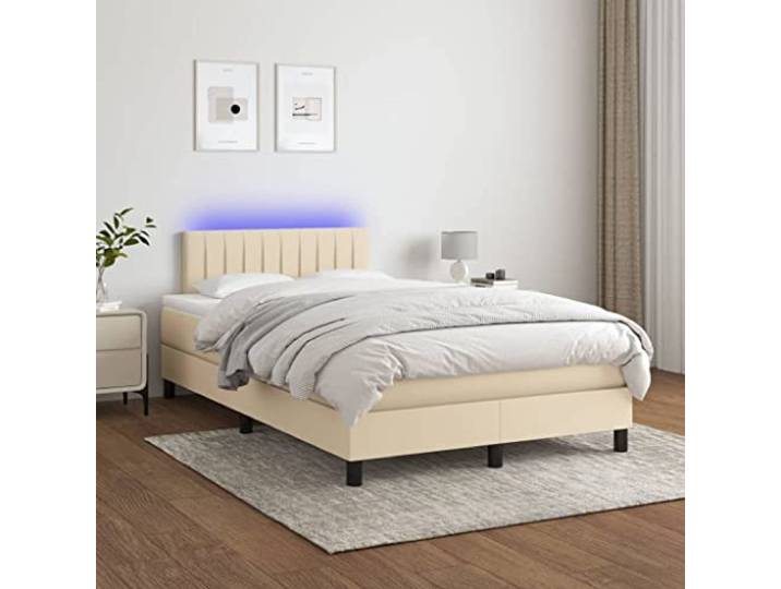 Strapazierfähiger Stoff mit Taschenfederkernmatratze LED Beleuchtung Boxspringbett mit Matratze & LED Creme 120x200 cm Stoff Bett mit Kopfteil verstellbar Taschenfederkernmatratze mit USB Licht