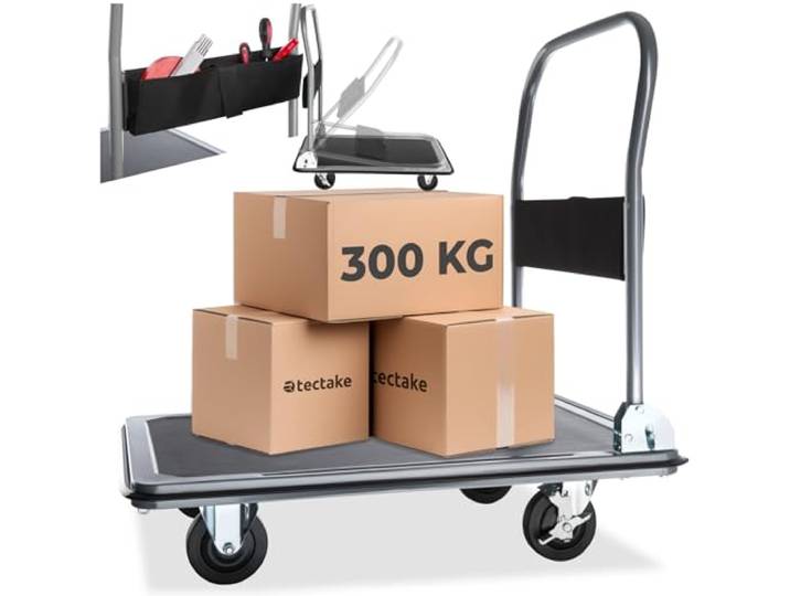 tectake® Chariot de Transport Plateforme à roulettes\, Charge Max. 300kg\, Chariot Pliable Atelier Garage Magasin Demenagement\, 4 roulettes\, 2 Freins\, Poignée Pliable\, Rangement Accessoires\, Noir