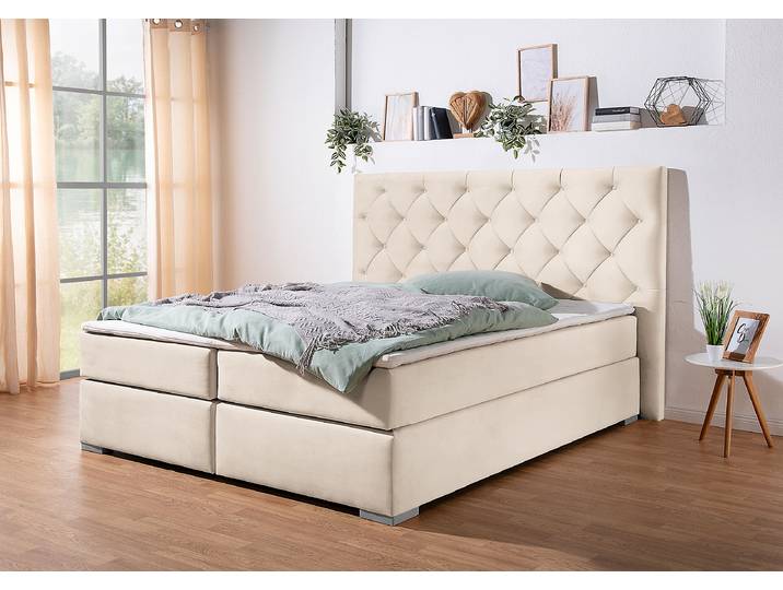 Boxspringbett Taiana 200 x 200cm Samt Venia Beige H2 Bonellfederkernmatratze Buche