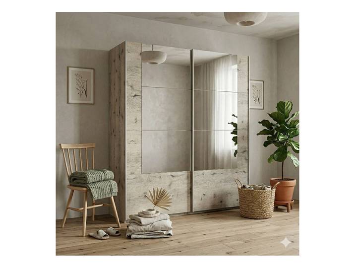 COMBO Schiebetürenschrank 250x215cm 2 Spiegeltüren Wellington Eiche Schlafzimmer modern (2 Schiebetüren 2 Kleiderstangen 9 Regalfächer 2 Schubladen) Wellington Eiche Stauraum Spiegel stilvoll zeitlos elegant