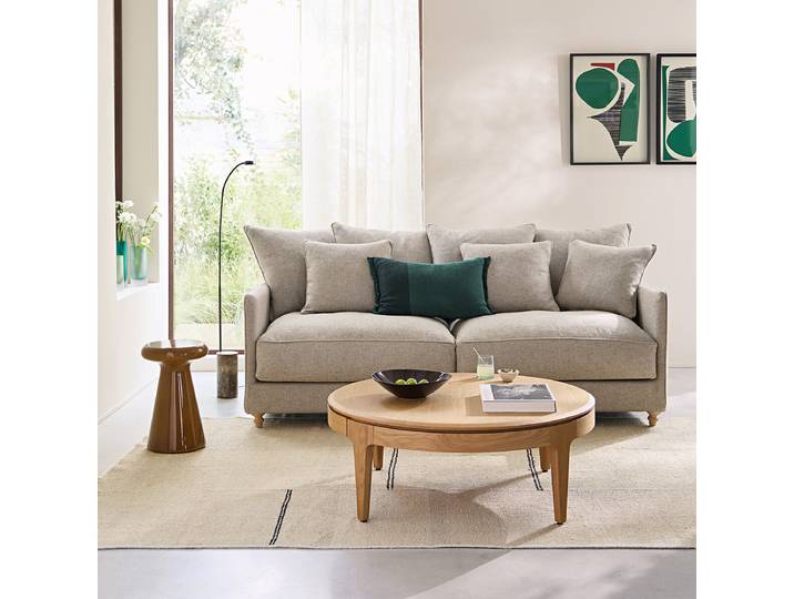 AM.PM Table basse ronde, en chêne massif et plaqué, 2 tiroirs, SANARA Beige