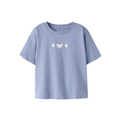 T-Shirt NAME IT "NMFFUTIA SS NREG TOP BOX", Mädchen, Gr. 92, blau (lila impression), Jersey, Obermaterial: 100% Baumwolle, bedruckt, unifarben, normal normal, Rundhals, Shirts T-Shirt