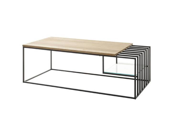 Robas Lund Couchtisch JUBA, Eiche massiv geölt, Metallgestell, mit Klarglasablage, 120x40x60 cm