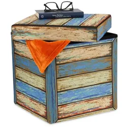 Relaxdays Vintage Sitzhocker mit Stauraum Blau,Creme,Rot