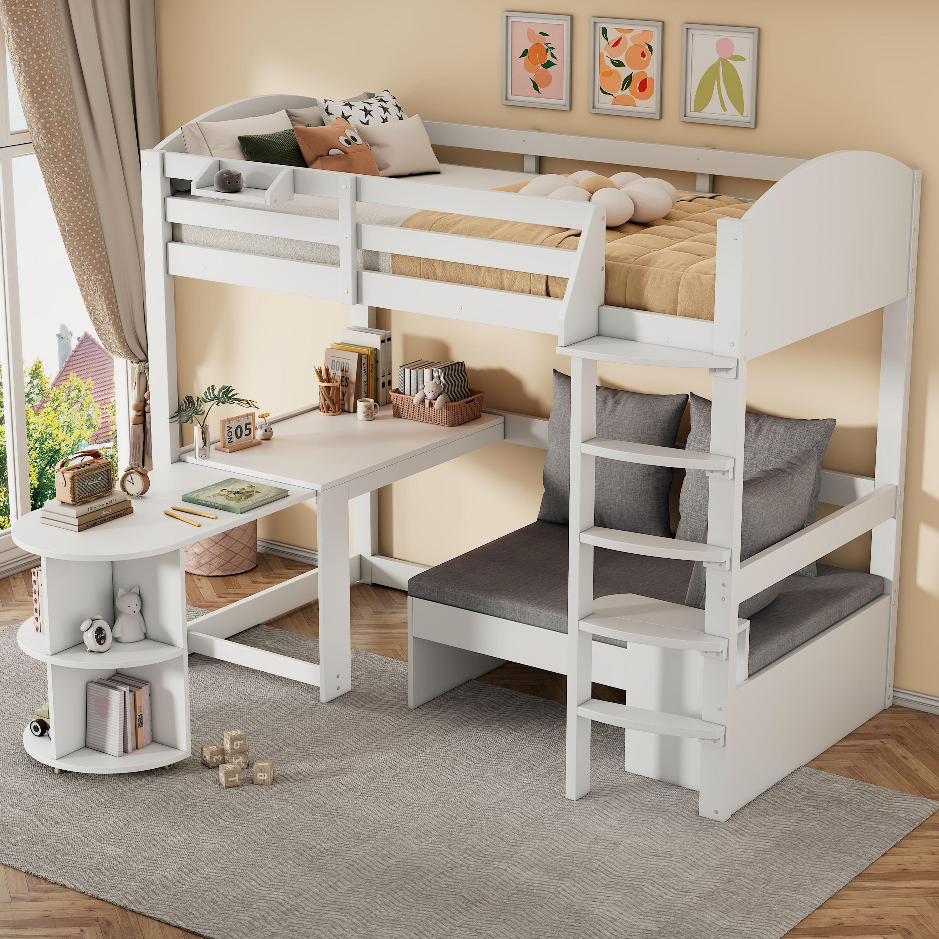 Sweiko Hochbett für Kinder,Multifunktionales Kinderbett, mit eine Leiter, mit ausziehbarem Tisch, Sofa mit Stauraum und mit drei Kissen und Polster, mit Lagerregale, Weiß,90x200(