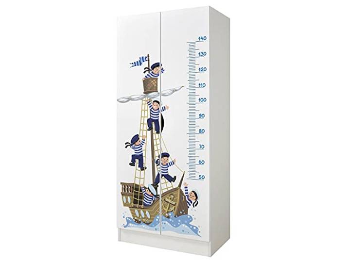 Leomark Roma Kleiderschrank aus Holzwerkstoff, Piraten mit Messlatte, Weiß Maße 70x42,5x161,5 cm, 3 Fächer, Hängebereich für Kleidung, verstellbare Scharniere, abriebfester UV-Druck, sicherer Griff