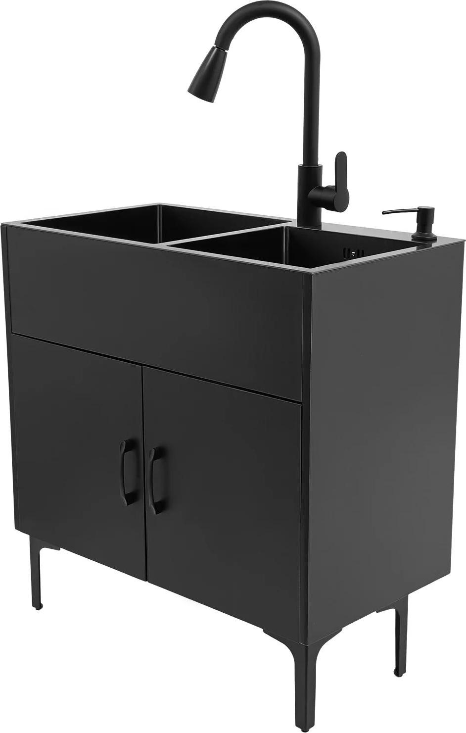 Waschbeckenunterschrank - Freistehende Spüle - Doppelbecken aus Edelstahl - Mit Armatur - 75x41 cm - Für Waschküche Küche Bad - Schwarz