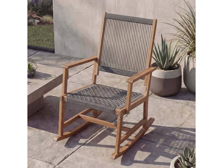 Mendler Schaukelstuhl HWC-P73 Akazie Holz Rope Seilgeflecht - grau Garten, Outdoor, Wippstuhl, Relaxstuhl, Schaukelliege