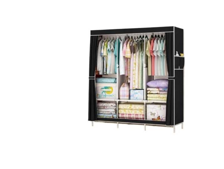 WWPMNQD Tragbarer Kleiderschrank Staubdichter Kleiderschrank aus Stoff Stabiler tragbarer Schrank aus verzinktem Stahlrohr mit 6 Ablagefächern for die Vermietung von Schlafsälen(Black)