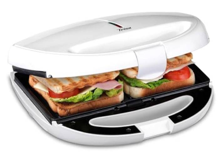 Trisa Tasty Snack 3-in-1 Sandwichmaker Waffeleisen Grill 850W Antihaft Weiß 850W, 3 Wechselplatten (Sandwich/Waffel/Grill), Antihaft, Cool-Touch, LED-Backampel, vertikale Lagerung, Weiß