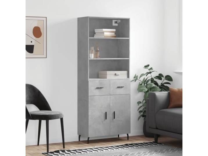 Elegantes Highboard mit Wandhalterung in Betongrau, Highboard aus Holzwerkstoff mit glatter Oberfläche, modernes mit Metallfüßen und praktischer Tür, stilvolles