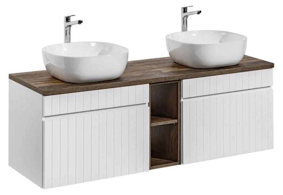 ICON Weißes Set: 140 cm Unterschrank mit sichtbaren Nischen + Abdeckplatte für Waschbecken + zwei weiße Aufsatzwaschbecken