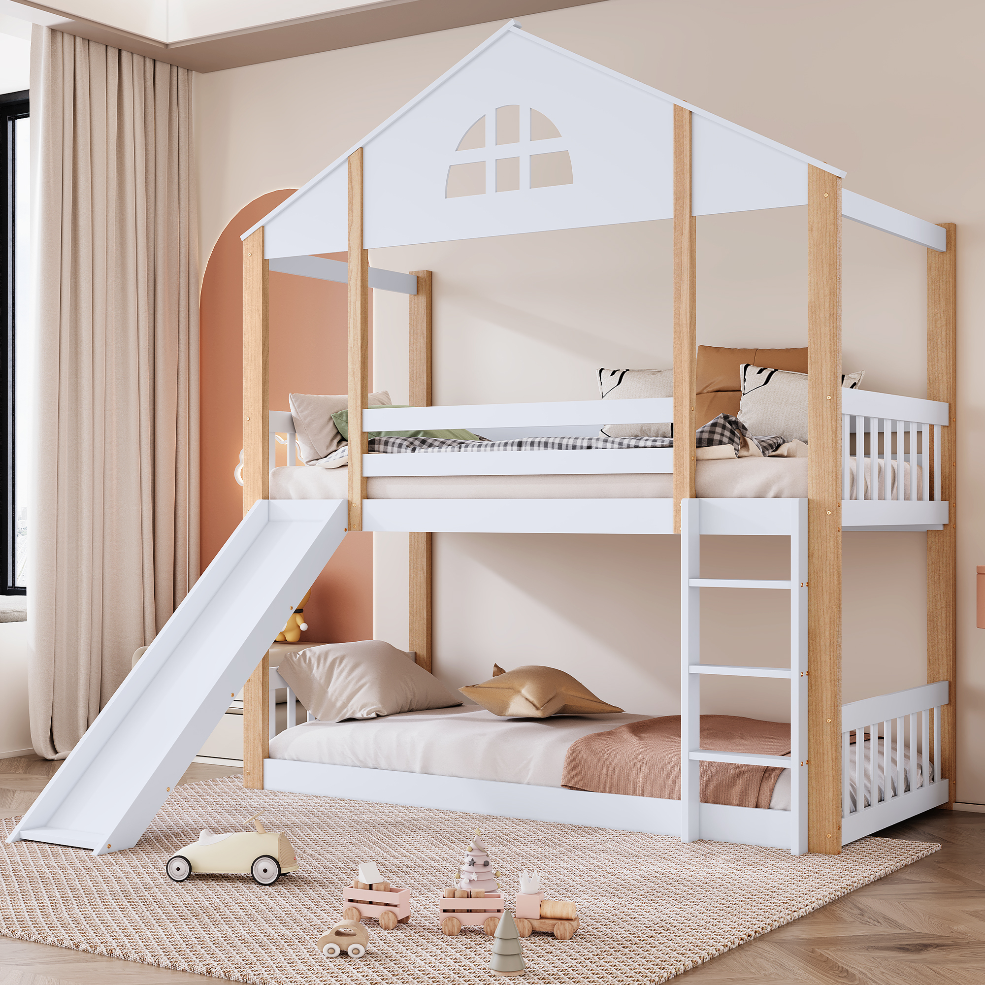 STILVORA Etagenbett 90x200cm mit Leiter,Kinderbett mit Rutsche,Bettgestell mit Lattenrost und Fenstern,ohne matrazte