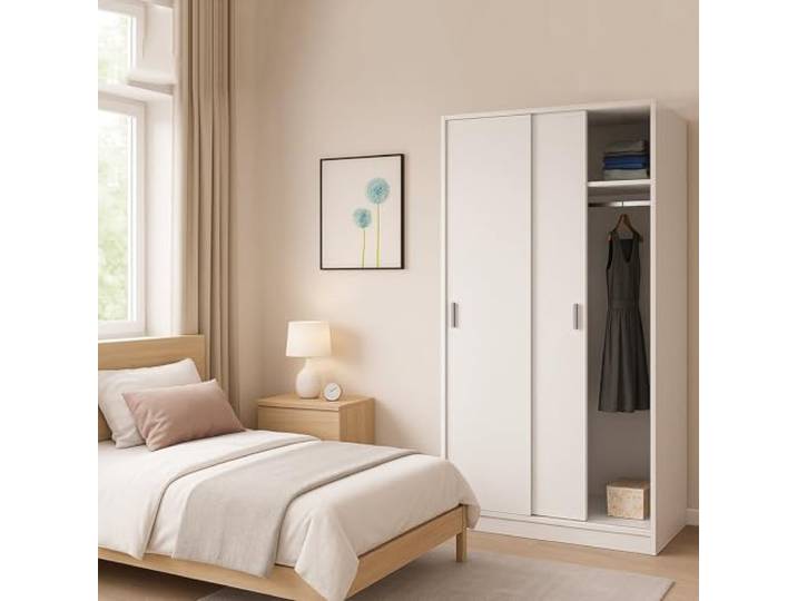 Dmora - Kleiderschrank 2 Türen Lansing, Schlafzimmerschrank, Schrank mit Regal und Kleiderstange, 100x50h200 cm, Weiß