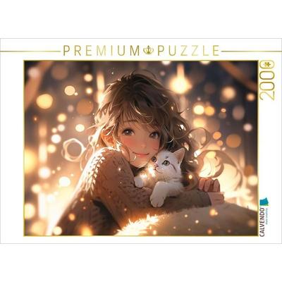 CALVENDO Puzzle Manga Illustration - Mädchen kuschelt mit Katze | 2000 Teile Lege-Größe 90x67cm Foto-Puzzle für glückliche Stunden