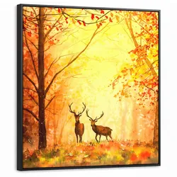 LEINWAND Bilder mit Rahmen - Natur - Ölfarbe - Hirsche - Tiere - Herbst - Orange - 90x90
