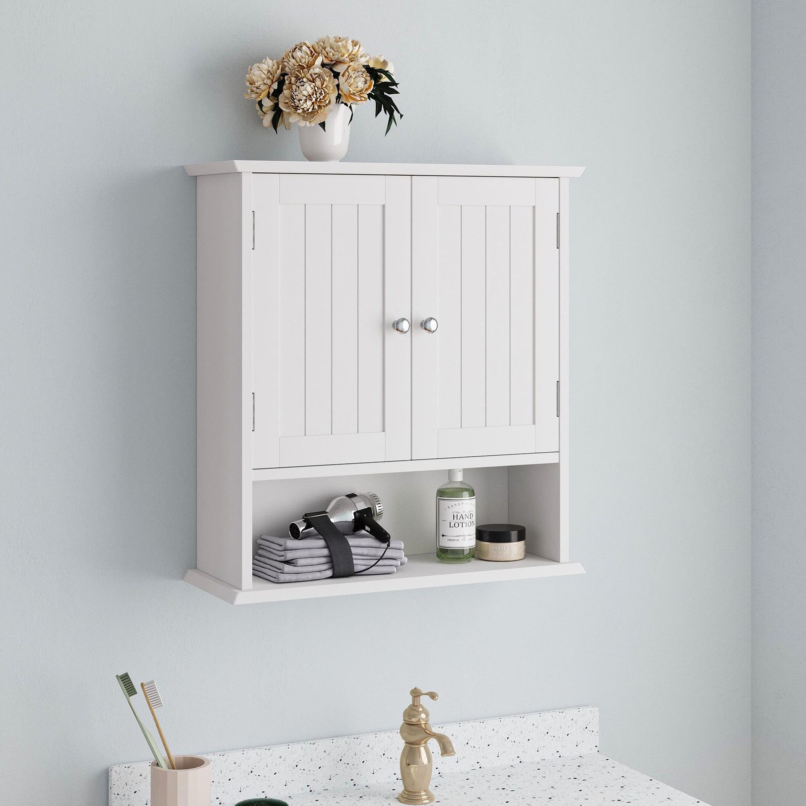 STILVORA badkamerkast met wandmontage, 2 deuren en open planken, MDF