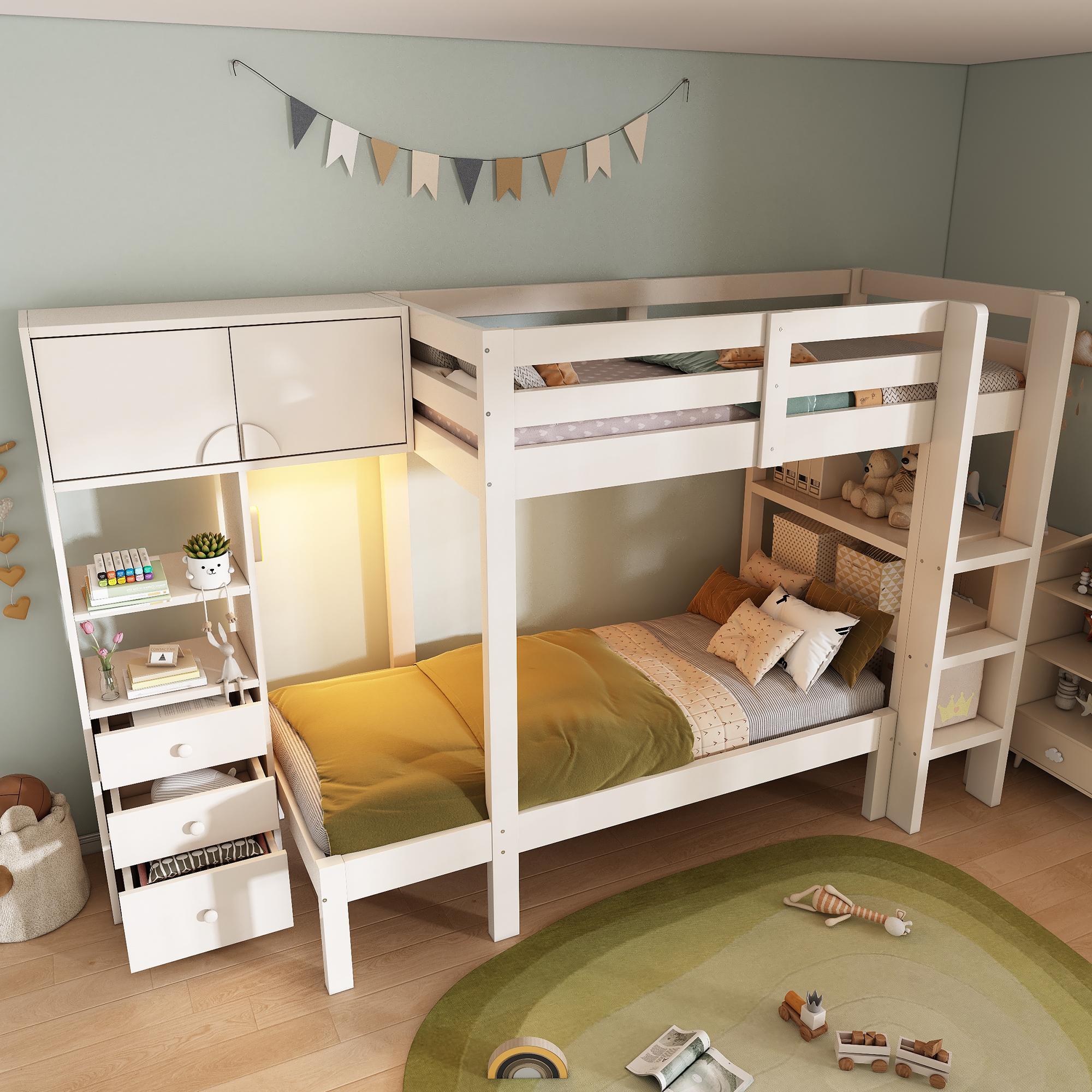 STILVORA Etagenbett 90x200 cm Jugendbett mit zwei matratze und intelligentem Nachtlicht,Bettgestell mit Schrank,Regal und Schubladen,Funktionbett mit Stauraum,Weiß