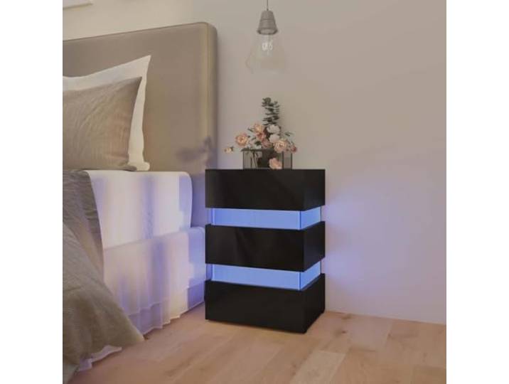 LED Nachtschrank 45x35x67 cm Nachttisch mit LED Beleuchtung Schlafzimmermöbel Holzwerkstoff Schwarz Hochglanz Stauraum für Bücher und Fernbedienungen