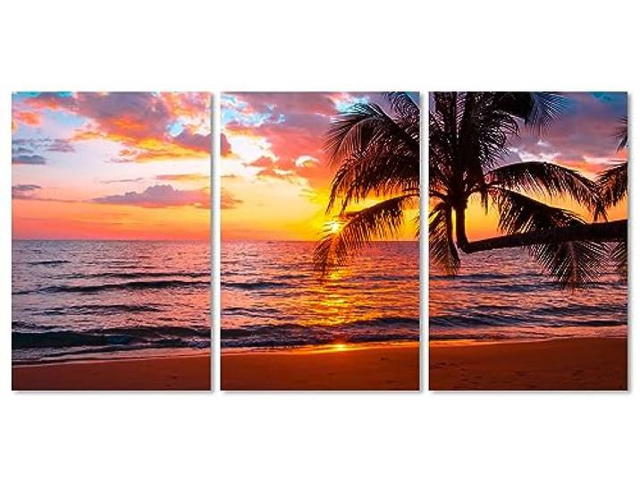 Queence Acrylglasbild 3-Teilig 180x90 cm Triptychon Sonnenuntergang am Strand Wandbild Glasbild Acrylbild Acryl Glas Kunstdruck Wand-Deko mit Aufhängesystem