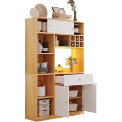 OKWISH Küchenschrank mit LED-Beleuchtung 115x35x180 cm weiß und natürliche Holzfarbe, vielseitiger Hochschrank mit Regalen und Schublade