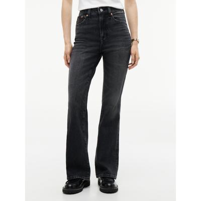 Bootcut-Jeans TOMMY JEANS "SYLVIA HIGH RISE BOOTCUT DJ0187", Damen, Gr. 31, Länge 32, schwarz (denim schwarz), Denim/Jeans, Obermaterial: 99% Baumwolle, 1% Elasthan, Abriebeffekte, bootcut fit lang, Jeans, Baumwollmischung