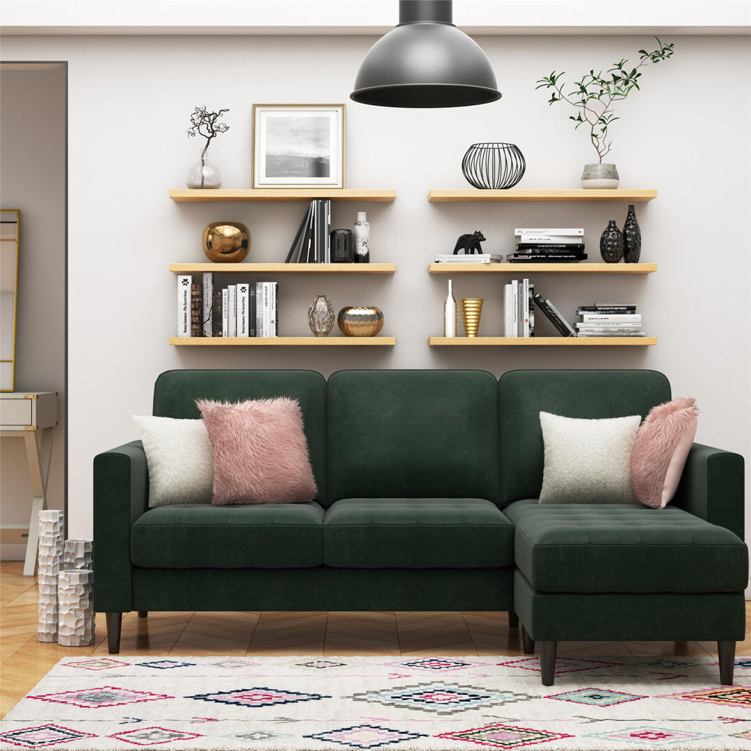 17 Stories 3 Seater Velvet Sofa & Chaise Green 89.86cm H X 207cm W X 151.46cm D