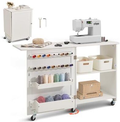 UIMOSO Folding Sewing Table, Multipurpose Sewing Machine Table with Compact Design, Wheels, Shelves, Storage Trays
