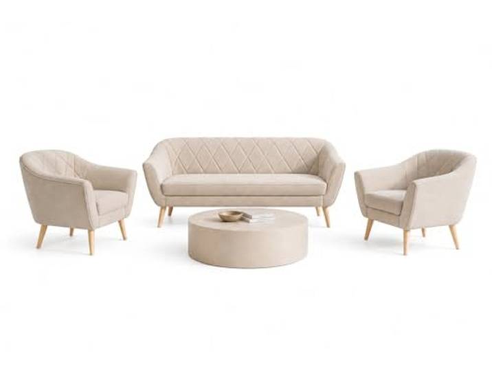 Sofello Gloria Wohnzimmerset 3+1+1 – Creme Samt Sofa Set mit 2 Sesseln Skandinavische Couchgarnitur mit Holzfüßen (Creme)
