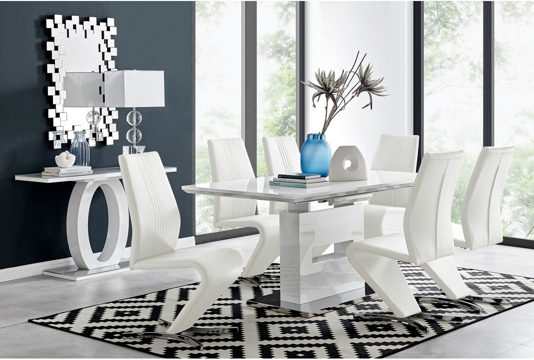 Canora Grey Alezzo Modern High Gloss Extendable Dining Table Set with 6 Modern Design Faux Leather Dining Chairs White 6