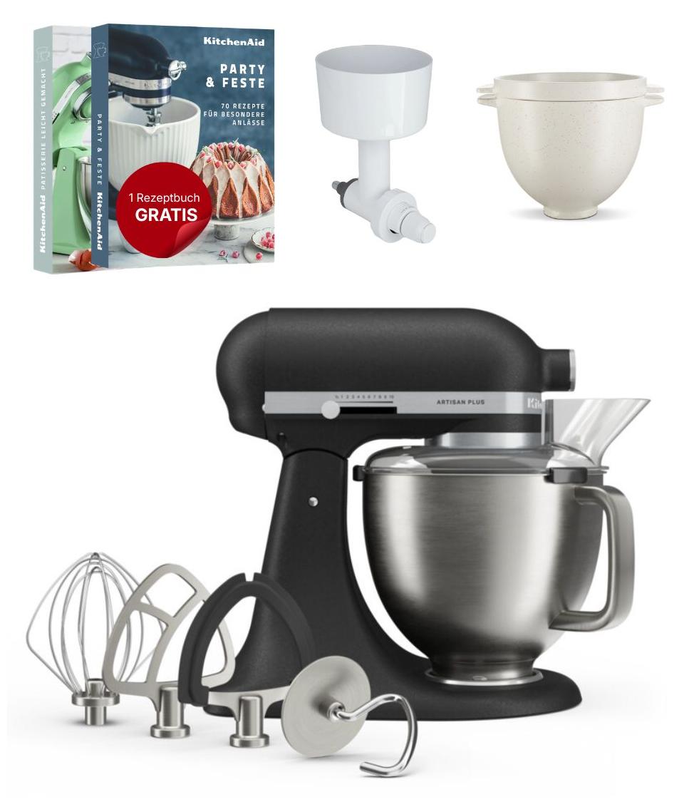 KitchenAid 4,7 L 5KSM50 Artisan Plus Küchenmaschine Breadlover mit Messerschmidt Getreidemühlenvorsatz + Brotbackschüssel Gusseisen Schwarz