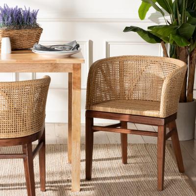 Papua Modern Bohemian Natural Rattan and Walnut Brown Acacia Wood Dining Chair by Bali & Pari in Brown (Size OS)