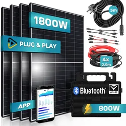SUNNIVA® 1800W Balkonkraftwerk 800W komplett Steckdose - Astro Energy 800W Wechselrichter - PV Solaranlage Komplettset - 4x 450W (1800W) Solarmodule - inkl. 5m Kabel - Bluetooth, WIFI