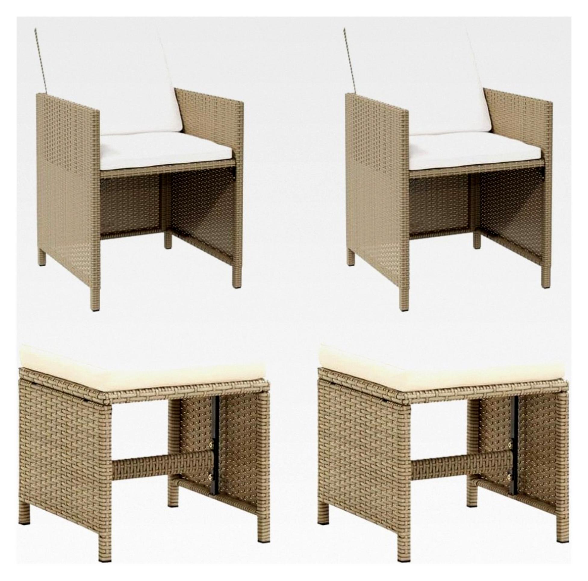 Gartenstuhl mit Hockern, 2 Stück, Polyrattan, Beige, für Garten, Strand, Balkon, Terrasse, Camping