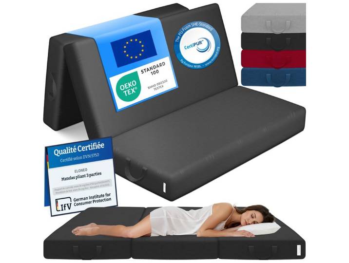 ELONEO Matelas Pliant 3 Parties Mousse Épaisse 15 cm Lavable Pour Adulte 120x195x15 cm noir