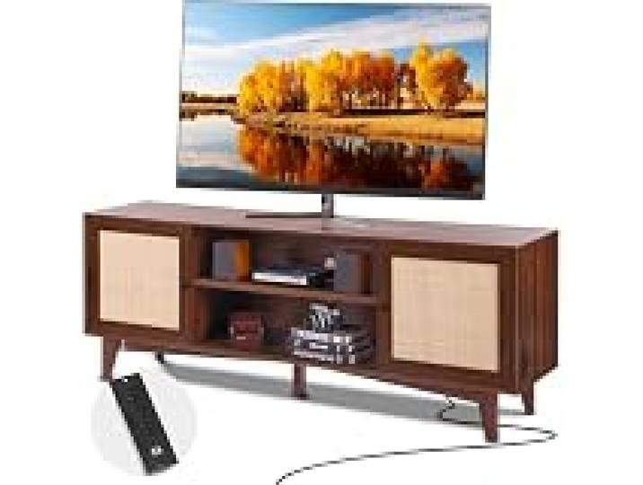 VEVOR Meuble TV en Rotin pour Téléviseur de 75 pouces, Banc TV Bohème Porte en Rotin, Centre de Divertissement avec Prise Intégrée et 2 Étagères, Console TV Moderne pour Salon, Salle Multimédia, Noyer