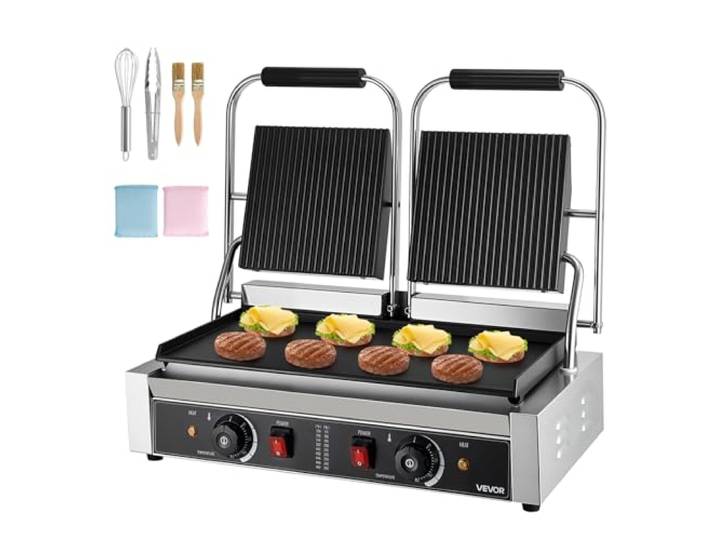 VEVOR kommerzieller Panini-Grill Kontaktgrill 3600 W für Sandwiches Steak Bacon Hamburger, Sandwichmaker Pressgrill aus Edelstahl mit Griff & Temperaturregelung & 48 x 23 cm Heizplatte, Paninipresse