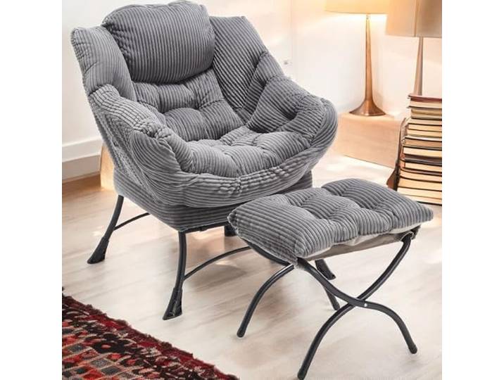 FurnitureR Luxuriöser Wohnzimmersessel mit Hocker, Grau Gestreift, Weicher Bezug, Stabiler Metallrahmen, Bequemes Design für Zuhause
