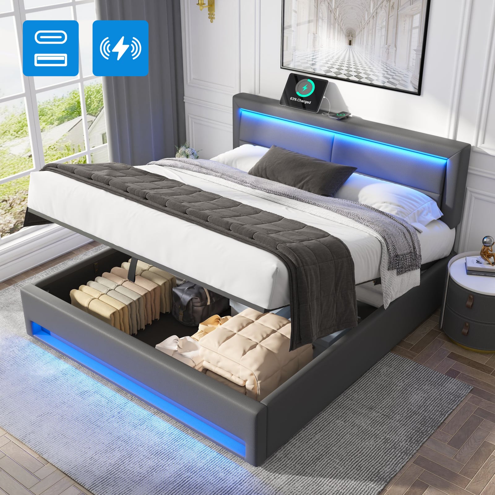 STILVORA Bekleed eenpersoonsbed met USB-oplaadpoort, LED-verlichting en opbergruimte, Grijs, 160 x 200 cm