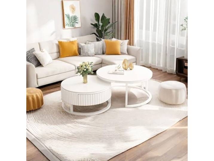 Rund Couchtisch Weiß Wohnzimmer Tisch 2 in 1 Satztische 2er Set Modern Beistelltisch Mit Leisen Schublade Kaffeetisch Mit Metallfüßen 50+70cm Felsplatte Couchtisch Pour Wohnzimmer Schlafzimmer Büro