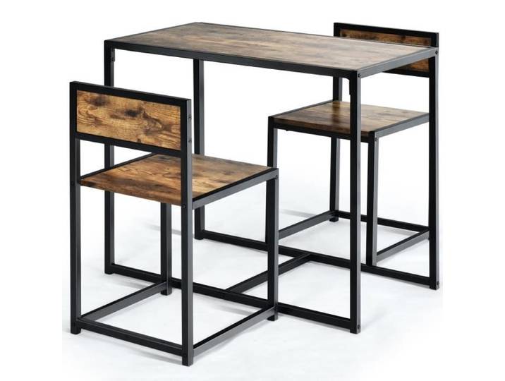 COSTWAY Ensemble Table à Manger 1 Table et 2 Chaises Encastrable Style Industriel Moderne pour Salle à Manger Bistro Brun Rustique