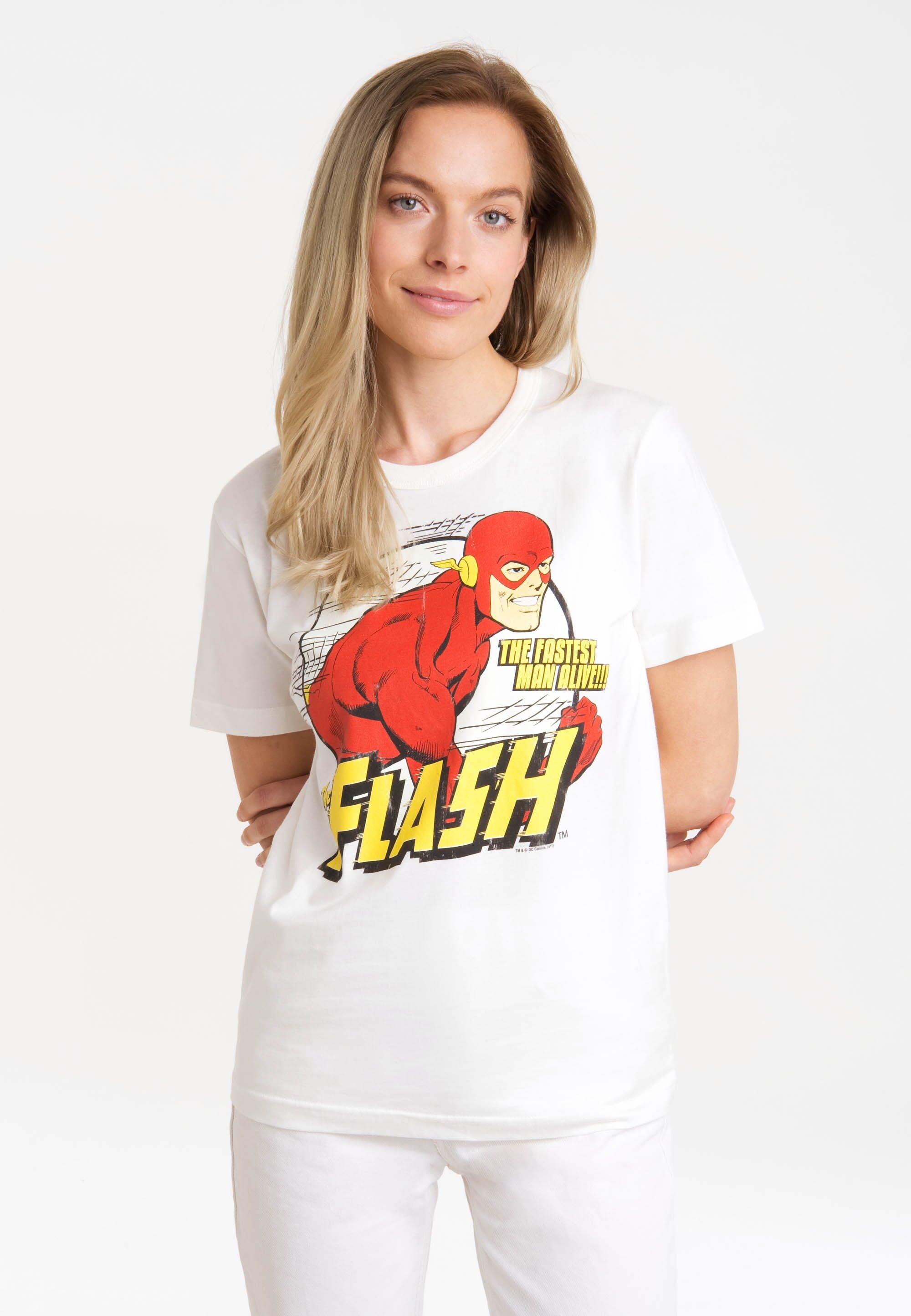 T-Shirt LOGOSHIRT "DC Comics - Flash, Fastest Man Alive", Damen, Gr. S, weiß (altweiß), 100% Baumwolle, bedruckt, normal, Rundhals, Shirts T-Shirt, mit lizenziertem Print