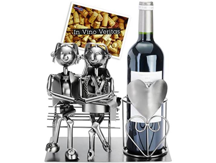 BRUBAKER Flessenhouder Lovers on Bench - Wijnfles Houder Zilver - Flessenrek Metaal Figuur Liefde - Metalen Sculptuur Cadeau voor Gehuwden met Cadeaubon