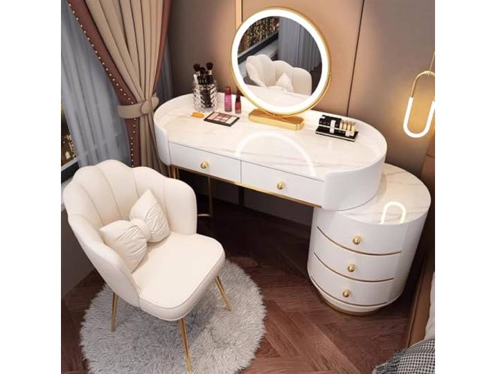 MiaJJooLi Schminktisch Set mit Spiegel und Gepolstertem Samtstoff Stuhl,Kosmetiktisch mit Schubladen für Schlafzimmer Frauen und Mädchen mit umwickeltem Leder und Metallbeinen