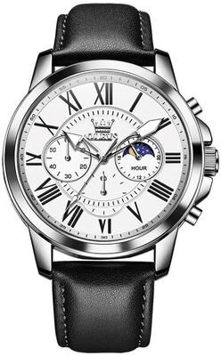 Everyday Crate OLEVS 9998 Mens Quartz Watch Diamond Dial Waterproof Leather Business Watch With Dual Calendar black + White