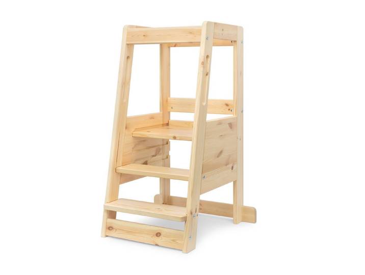Ehrenkind Stehhilfe Lernturm mit extra Kleinkindstufe, Montessori Tritthocker für Kinder (Kiefer transparent lackiert), geeignet ab ca. 12 Monaten, sobald das Kind sicher stehen kann