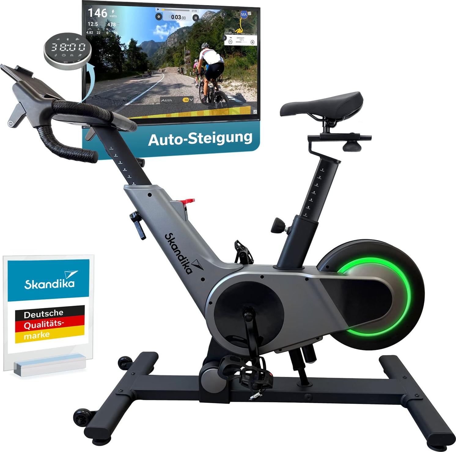 Skandika Heimtrainer Fahrrad Indoor Kliva 500-S | Bike SMART mit LED, Steigung 16 Stufen, Magnetbremse 32 Stufen, 3 Programme