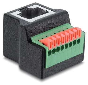 Delock RJ45-connector 90 graden met adapter voor klemmenblok en drukknoop